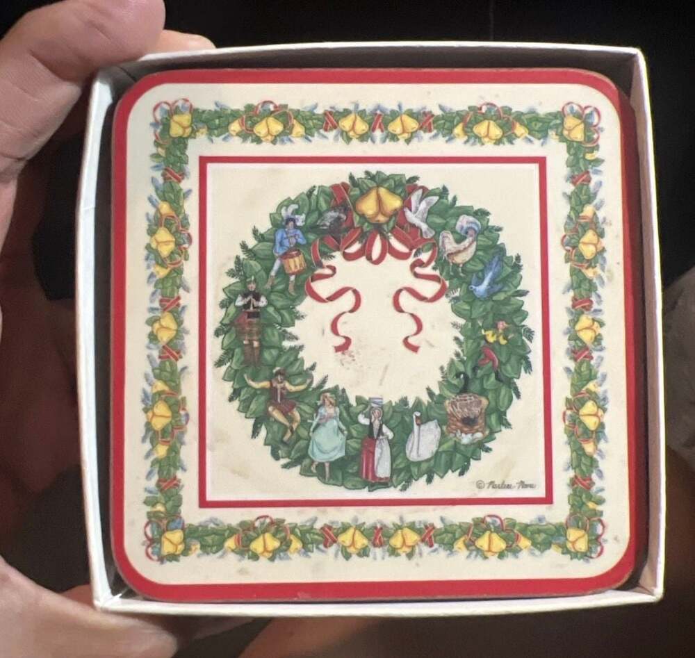 Vintage Pimpernel 12 Days of Christmas Cork-Backed Coasters by Marlene Moore 5pc